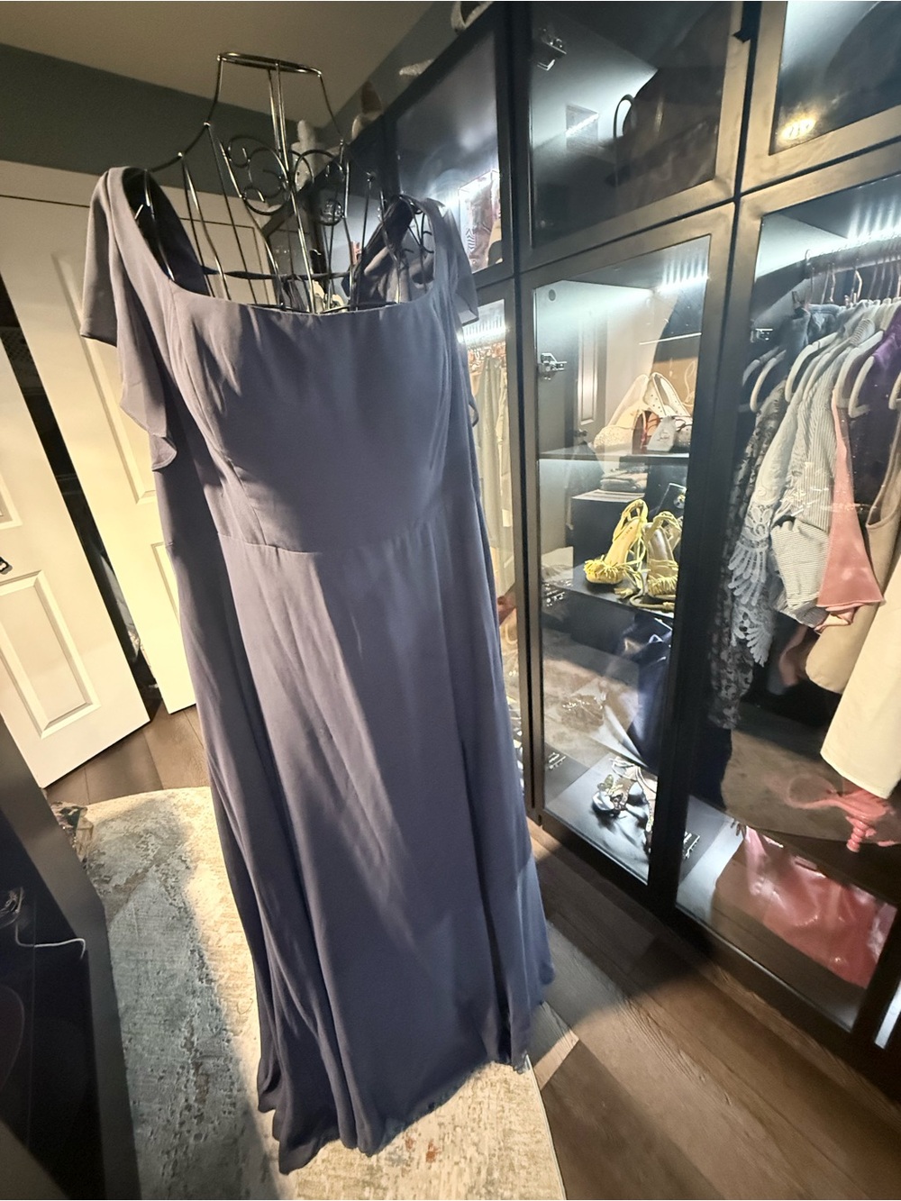 Azazie Maxi Off-Shoulder Dress in Dusty Blue
